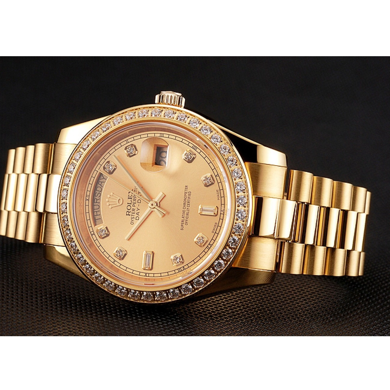 AAA replica watch Diamond Bracelet Swiss Dial 1454099 Day-Date Rolex Gold Champagne Bezel 0701